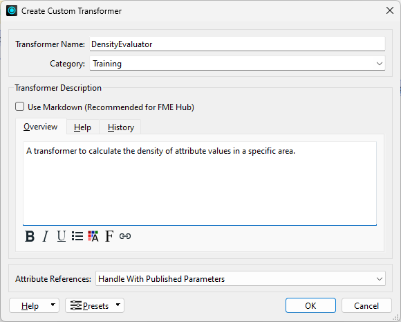 The filled out Create Custom Transformer dialog